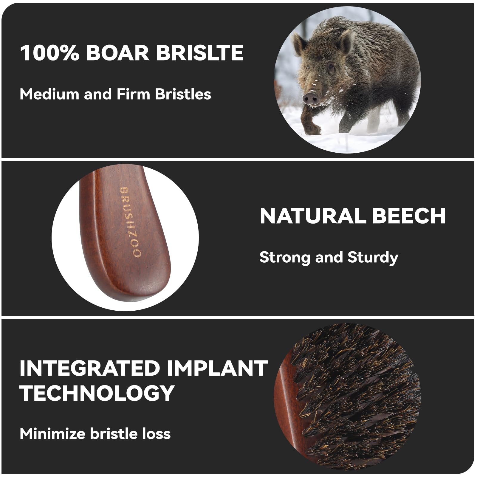 O BRUSHZOO closeup of 100% boar bristles for even oil distribution