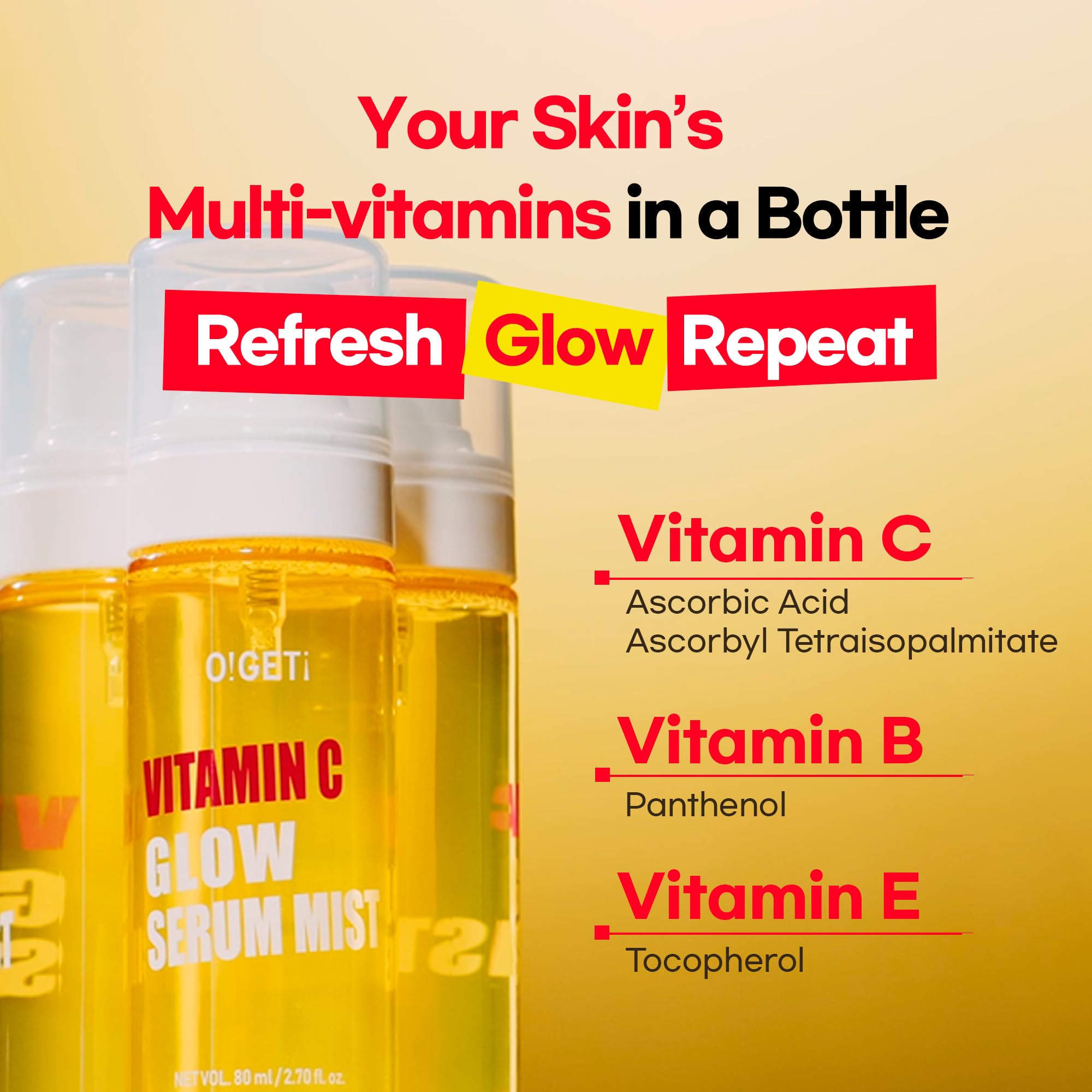 O!GETi Glow Serum Mist applied on face provides cooling, refreshing sensation.