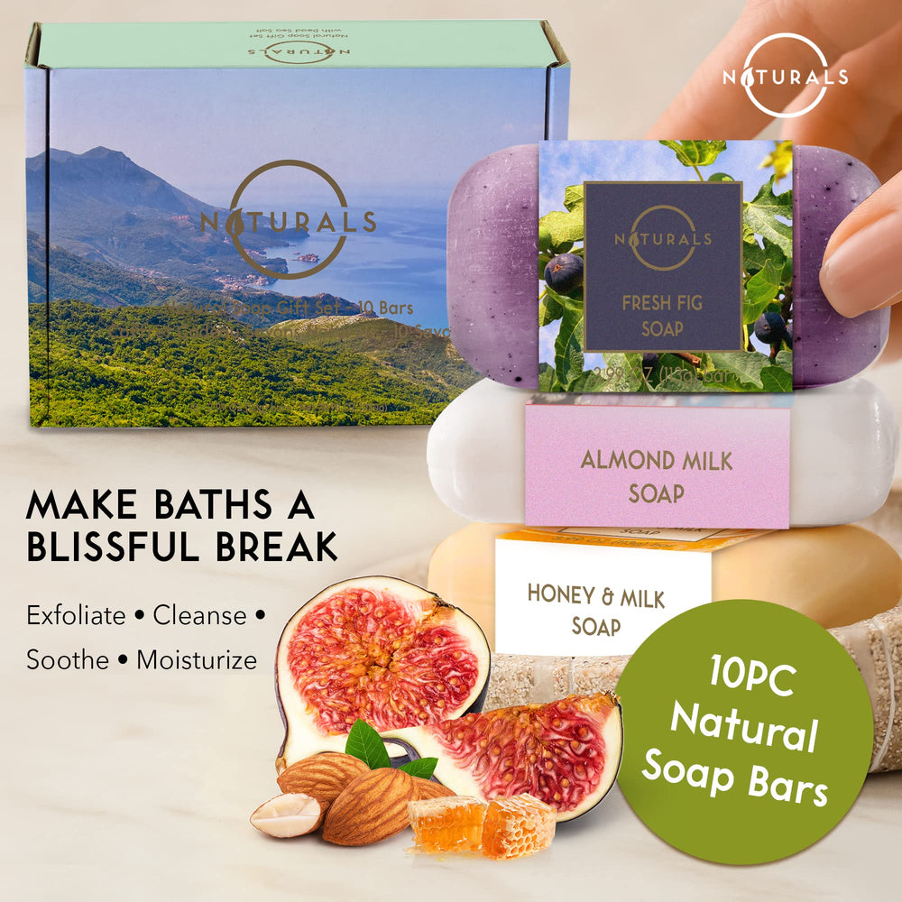 O NATURALS 10-piece soap variety display highlighting cleansing and exfoliating options.