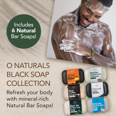 O Naturals 6-piece black soap bar collection displayed for versatile skin care routines