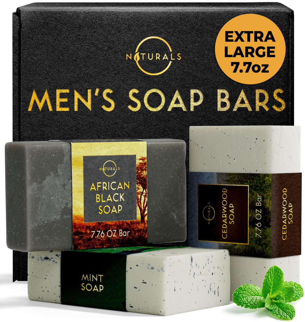 O NATURALS pack-shot bar soap for men shows a 3-piece set for a complete grooming routine.