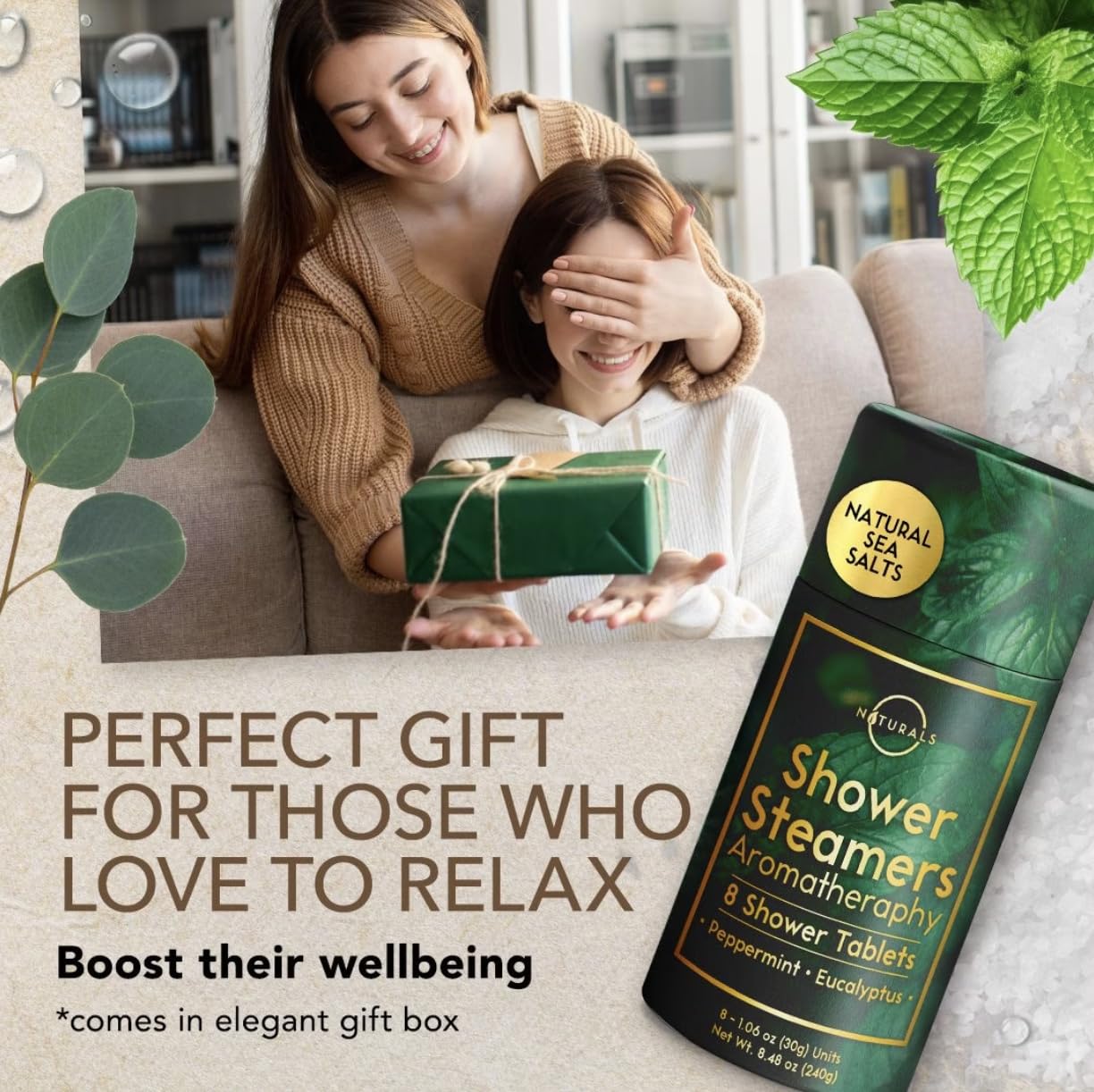 O Naturals gold-foil boxed packaging signals premium self-care gift.