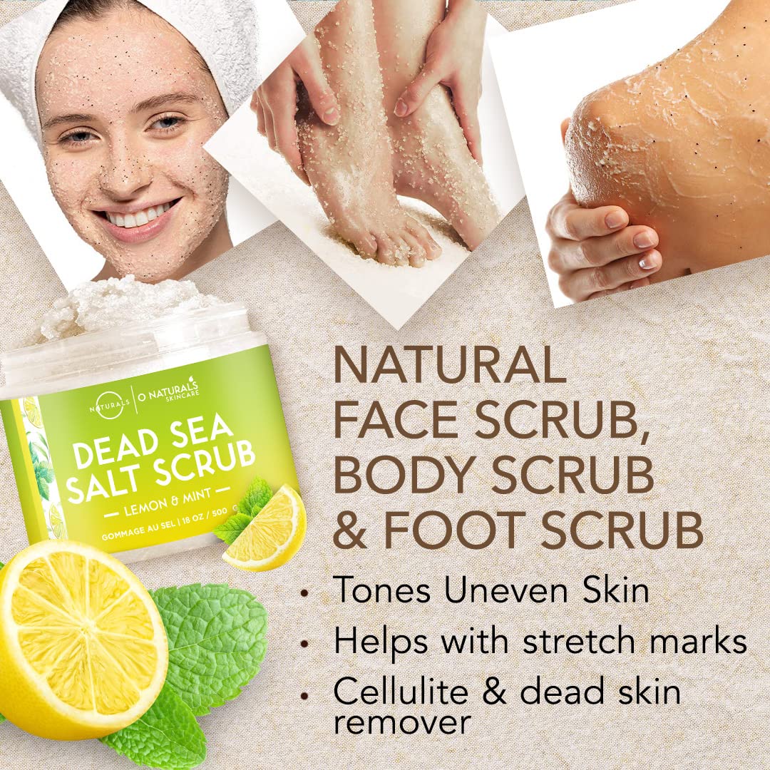 Dead Sea salt crystals visible for exfoliation and pore cleansing with O Naturals scrub.