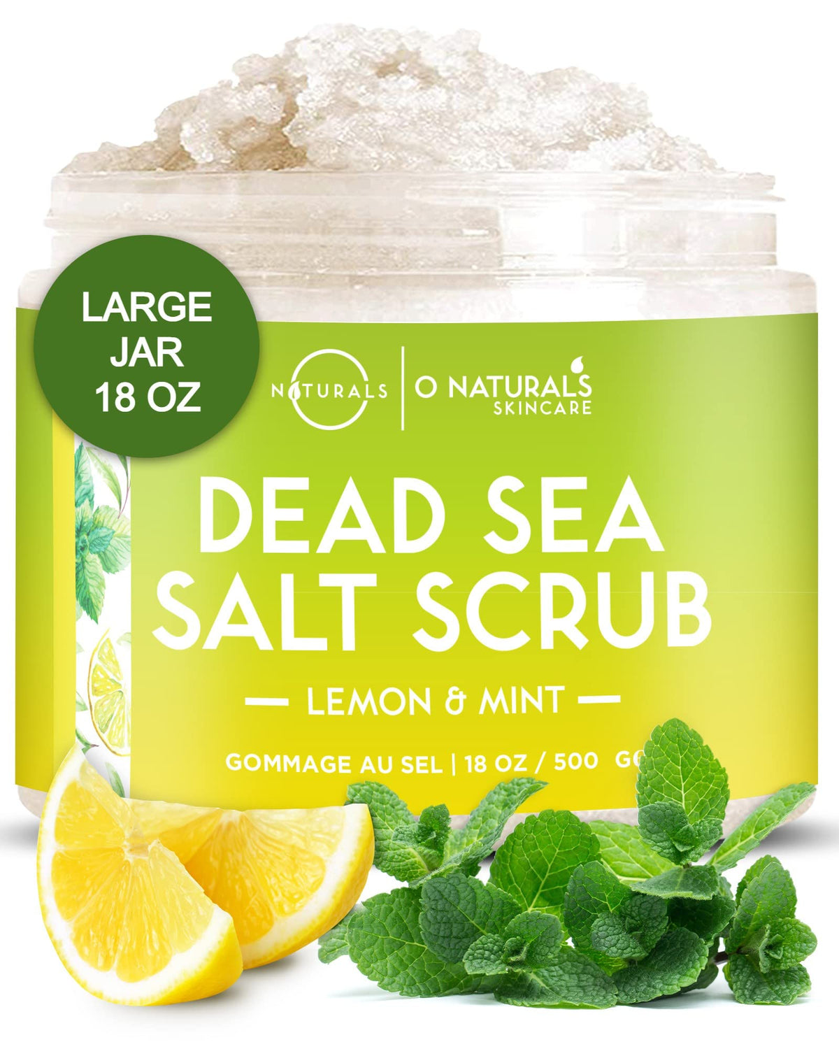 O Naturals exfoliating lemon-oil Dead Sea Salt scrub jar for smoother, refreshed skin.