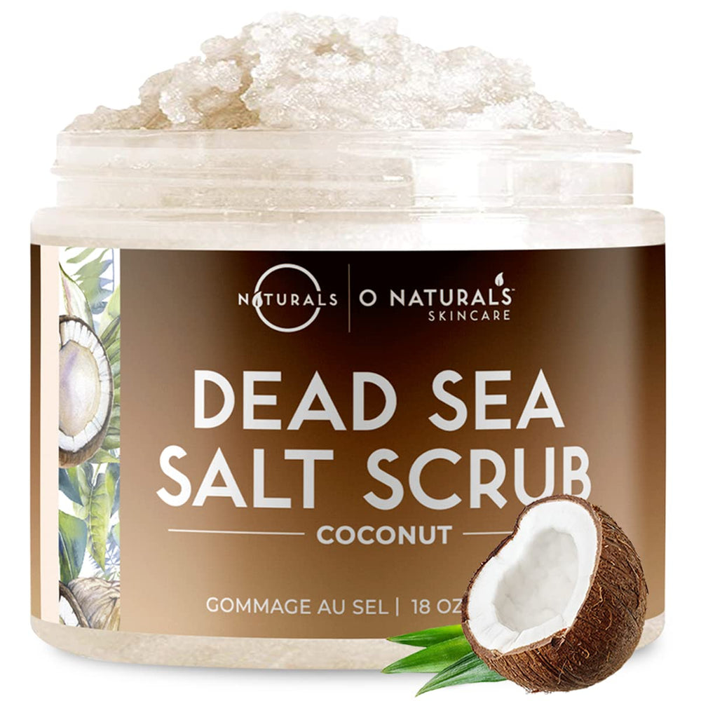 O Naturals Exfoliating Scrub Dead Sea Salt jar for deep cleansing and radiant skin.