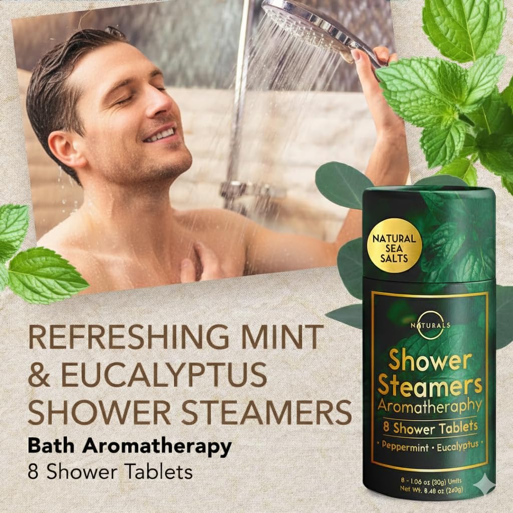O Naturals shower steamers closeup eucalyptus peppermint scent for mood relief.