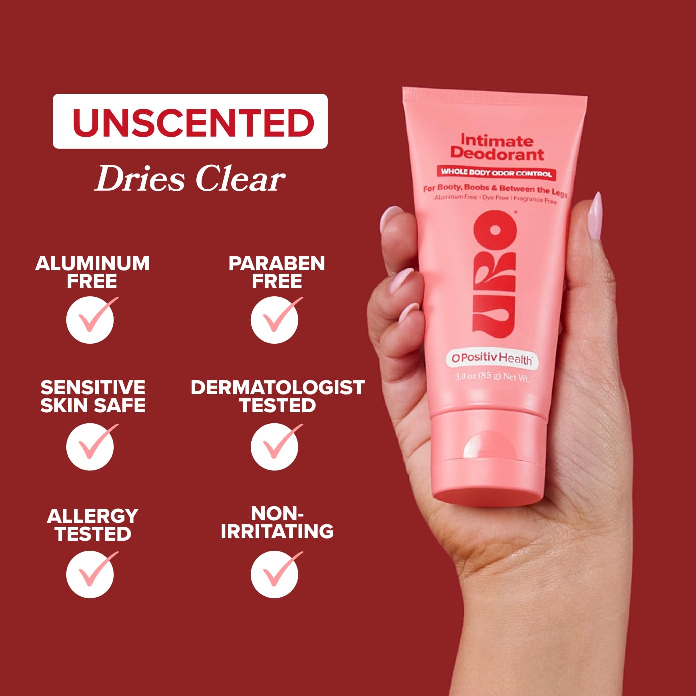 O Positiv URO dermatologist-tested badge signals trusted skin-friendly deodorant