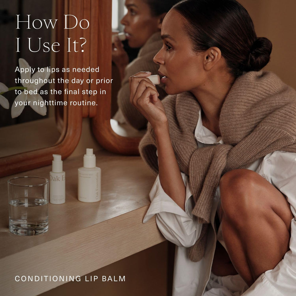 Oak Essentials packaging with brand logo showcasing clean lip care.