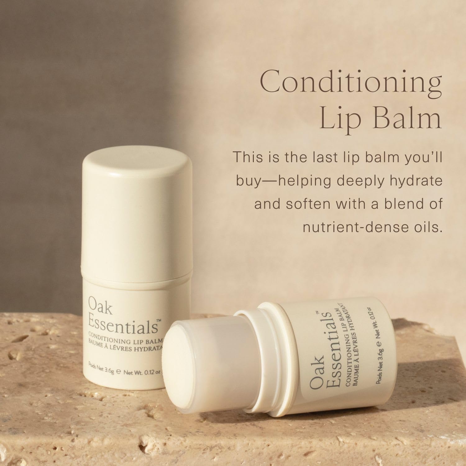 Oak Essentials Conditioning Lip Balm texture gliding on lips for comfortable, non-sticky wear.