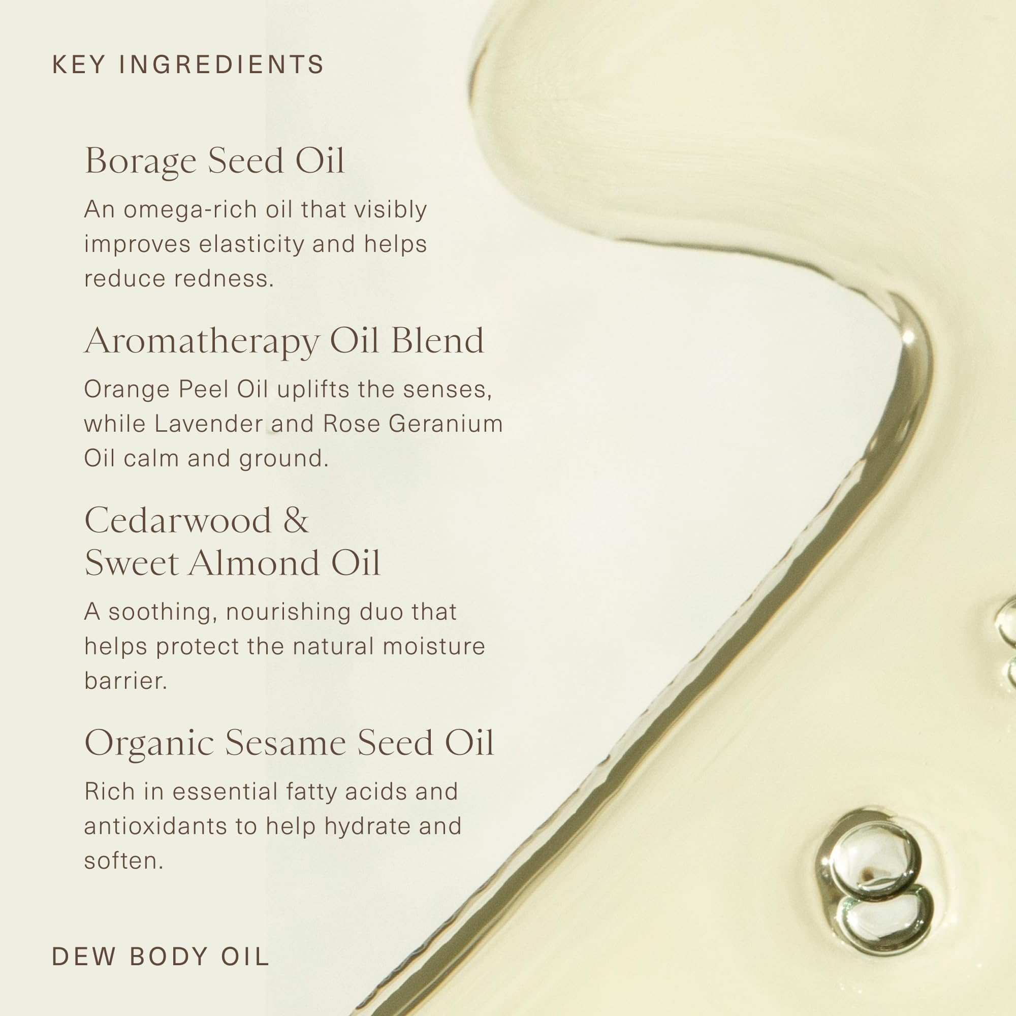 Oak Essentials Dew Body Oil borage seed oil drop highlights nourishing fatty acids.