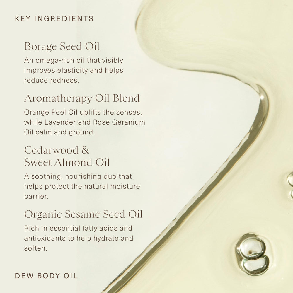 Oak Essentials Dew Body Oil borage seed oil drop highlights nourishing fatty acids.