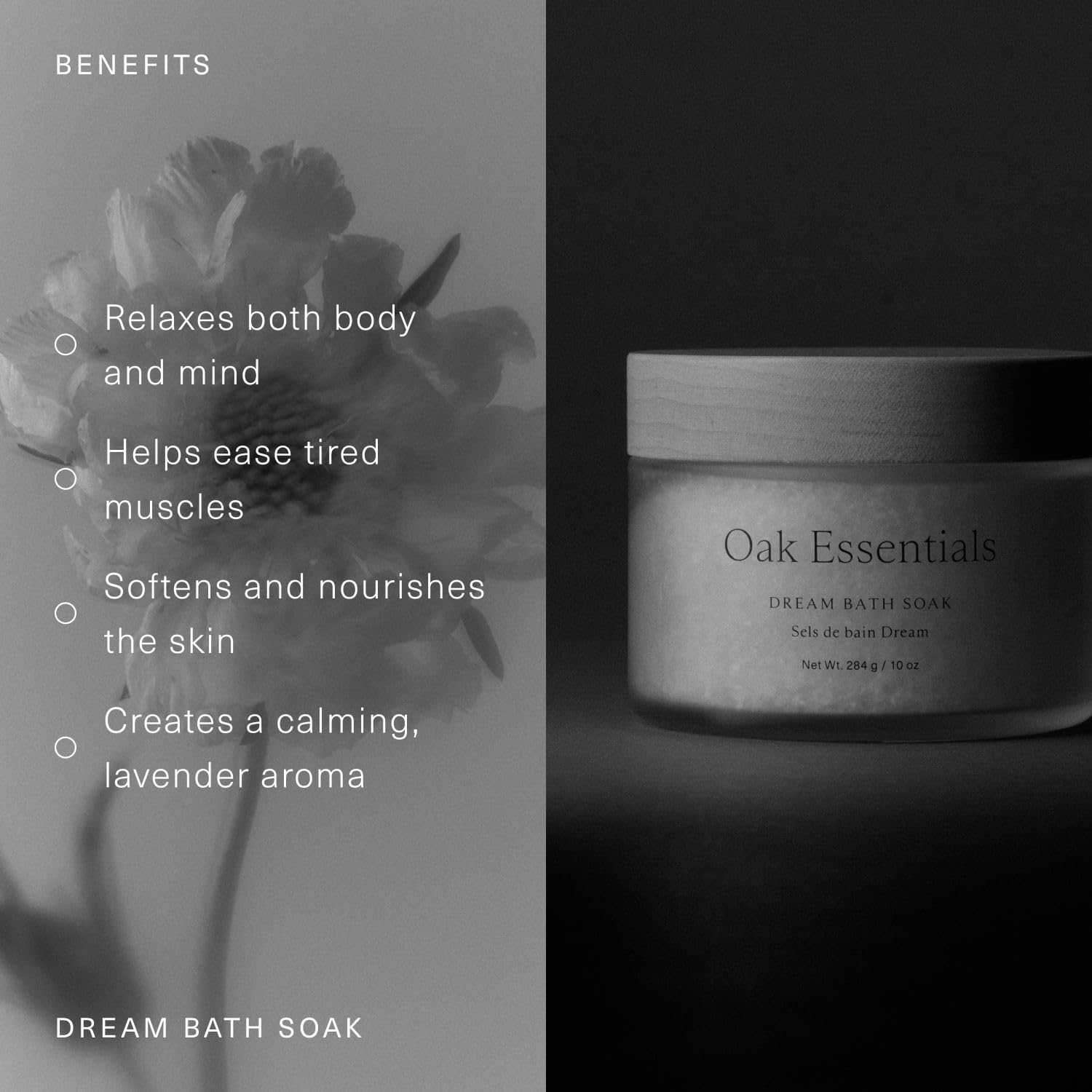 Oak Essentials Dream Bath Soak European sea salt close-up highlighting skin detox and soothing feel.