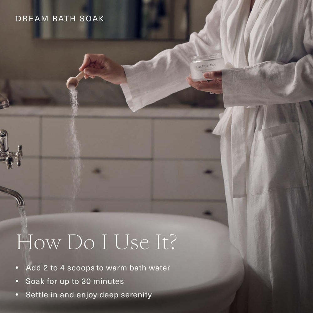 Oak Essentials Dream Bath Soak lavender oils aromatherapy close-up for mood balance.