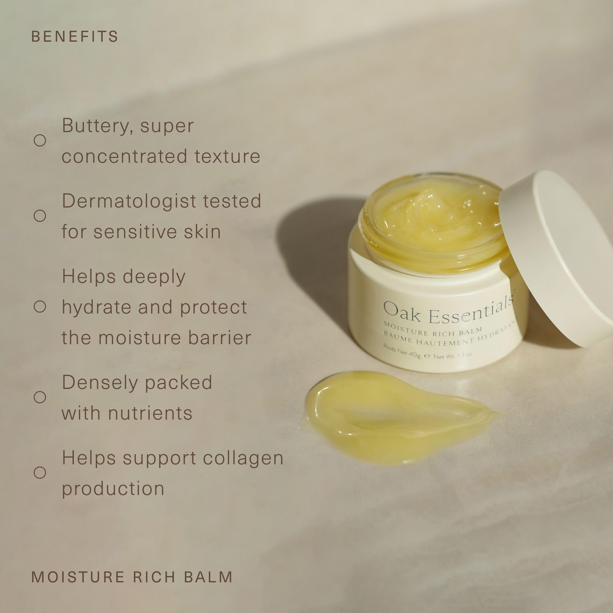 Oak Essentials Moisture Rich Balm texture close-up before absorption on skin