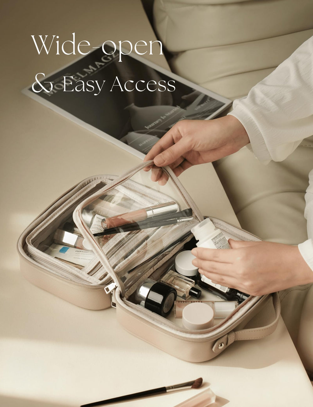 Oaque Clear Cosmetic Bag four compartments open for skincare and makeup