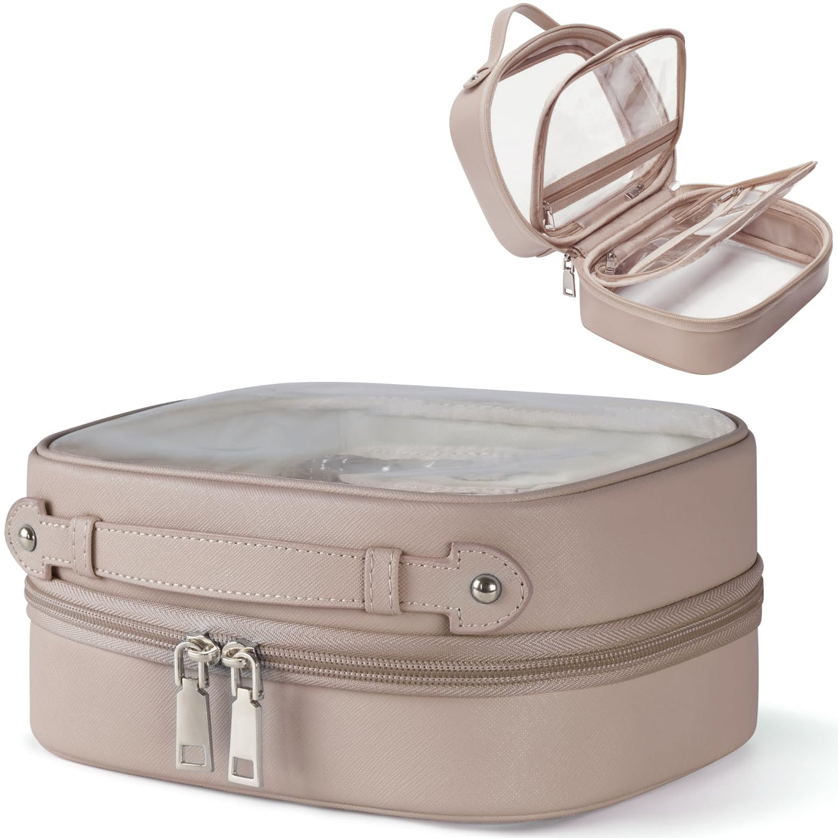 Oaque Clear Cosmetic Bag front view shows four-compartment organization for travel