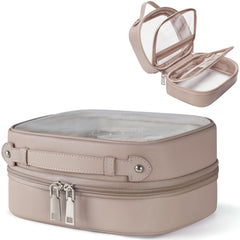 Oaque Clear Cosmetic Bag front view shows four-compartment organization for travel