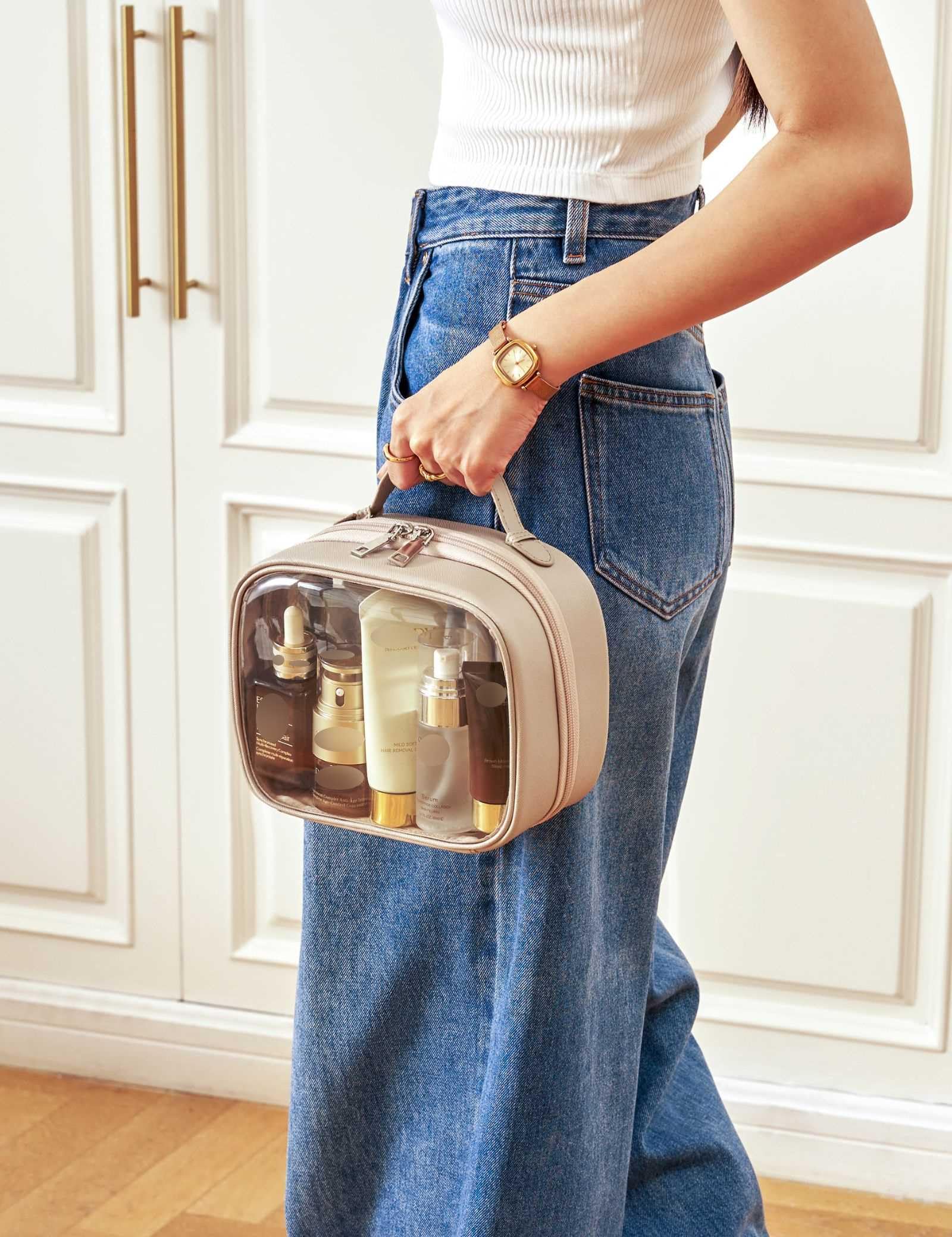 Oaque Clear Cosmetic Bag lay-flat handle for easy packing
