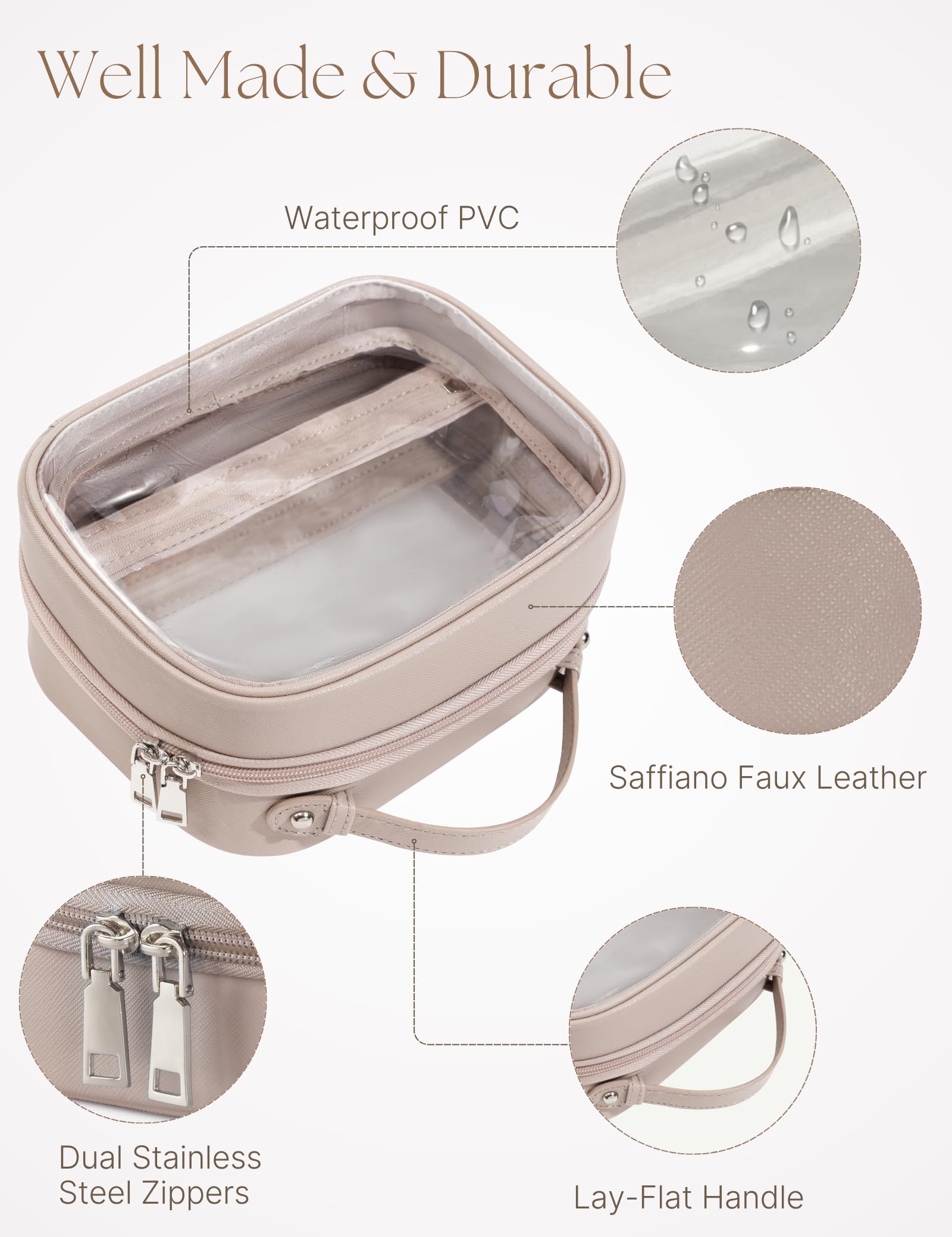 Oaque Clear Cosmetic Bag taupe color close-up showing travel-ready design