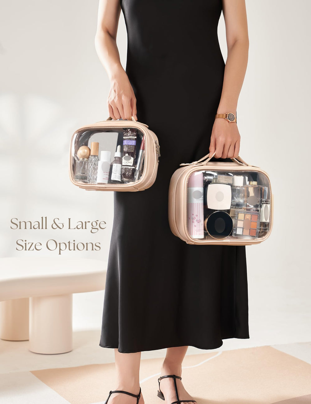 Oaque Clear Cosmetic Bag in travel setup ideal for organizing essentials