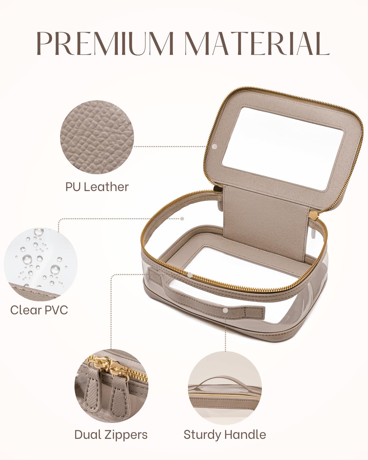Oaque Clear Cosmetic Bag Handle Closeup highlights sturdy carrying grip and durable construction.