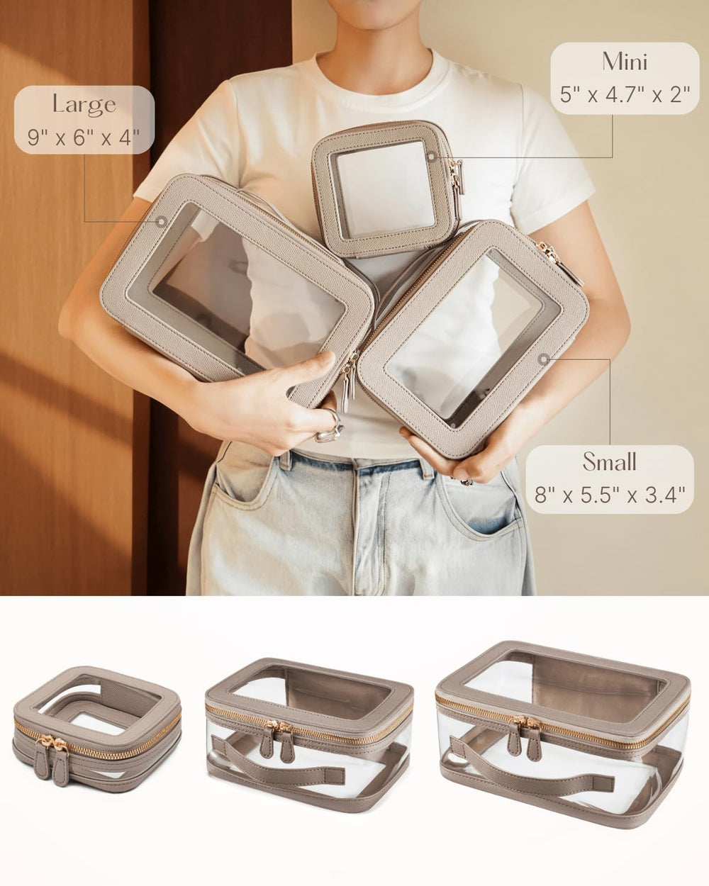 Oaque Clear Cosmetic Bag Stone Large holds full-size essentials with easy visibility.