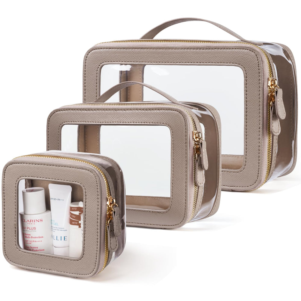 Oaque Clear Cosmetic Bag Stone Mini shows compact organization for on-the-go touch-ups.