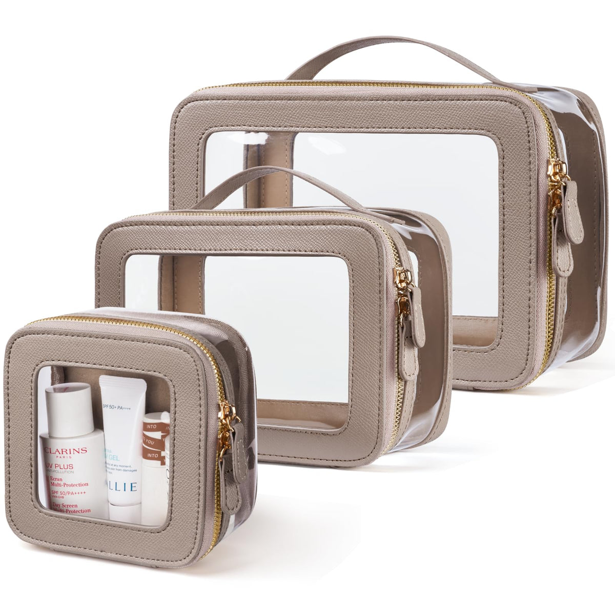 Oaque Clear Cosmetic Bag Stone Mini shows compact organization for on-the-go touch-ups.