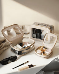 Oaque Clear Cosmetic Bag Stone Small keeps travel skincare neatly separated and accessible.