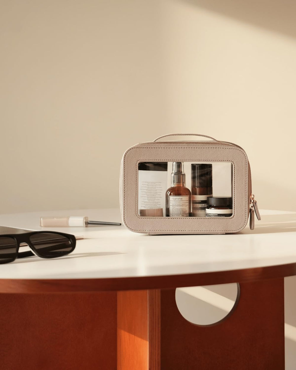 Oaque Clear Cosmetic Bag Travel Organization keeps cosmetics tidy in carry-on packing.