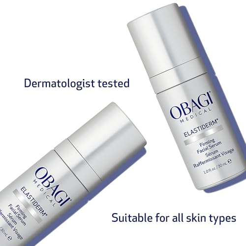 Obagi ELASTIderm Serum before-after montage hints potential contour improvements.