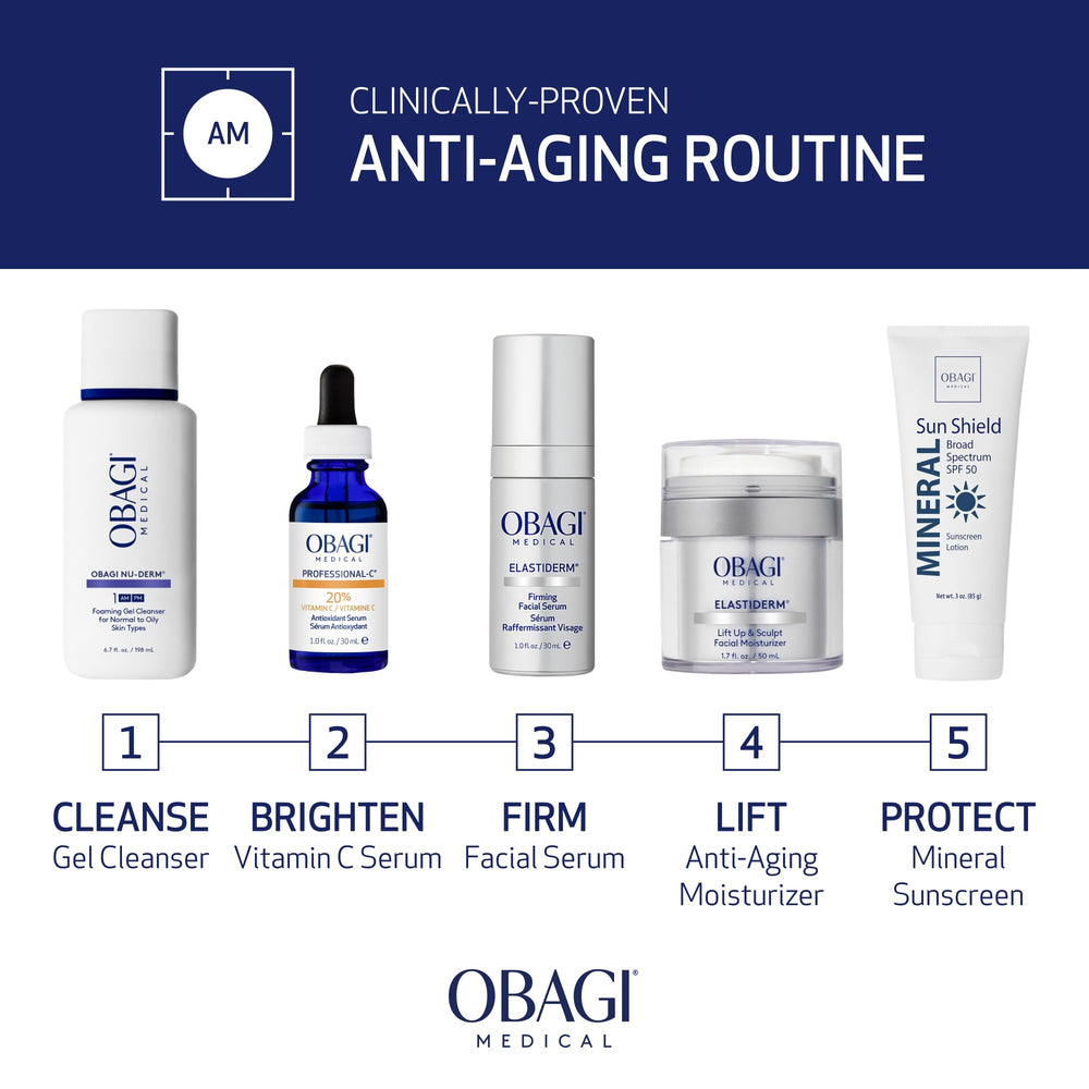 Obagi ELASTIderm Serum physician-endorsed seal reinforces trusted anti-aging skincare.