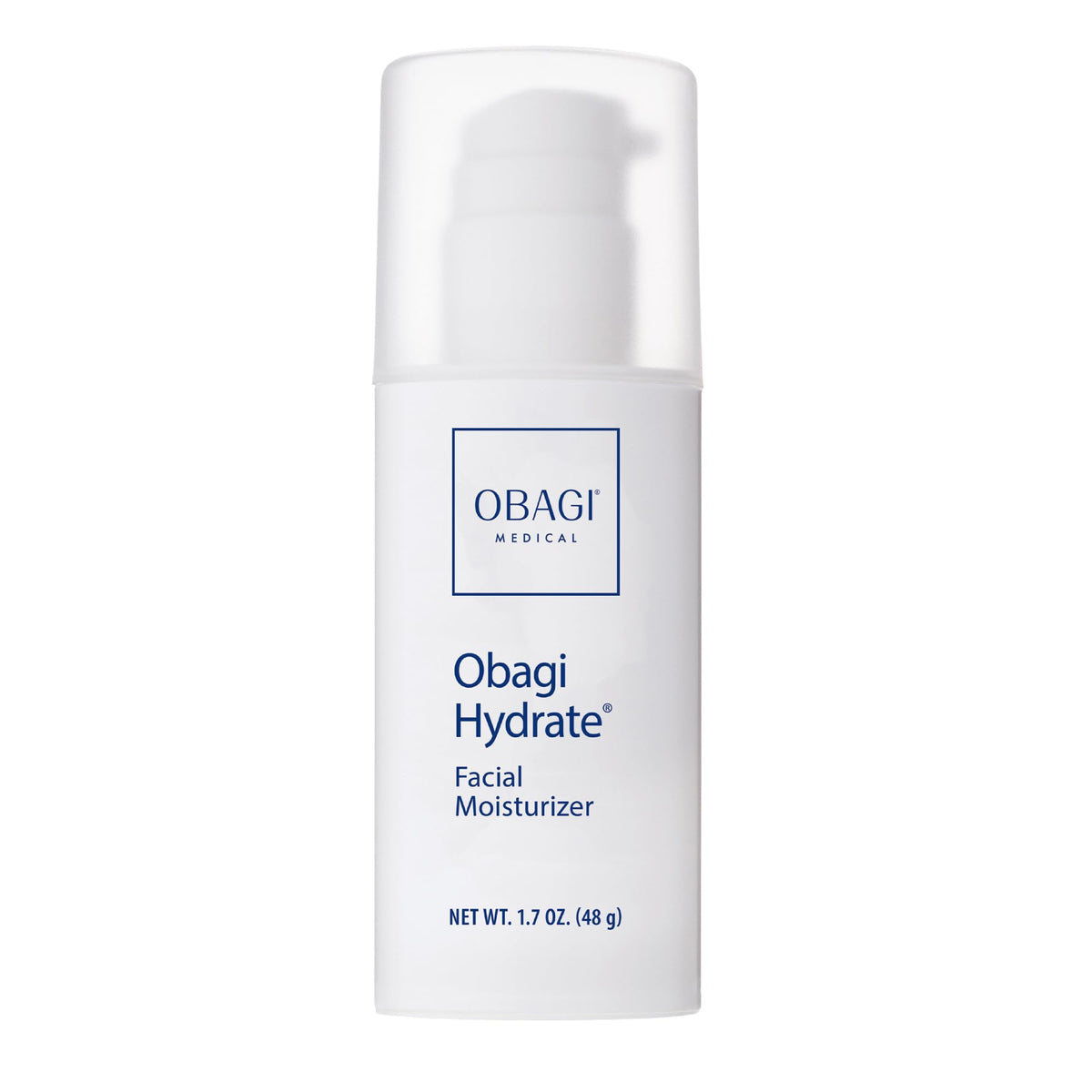 Obagi Hydrate facial moisturizer jar close-up shows all-day hydration.