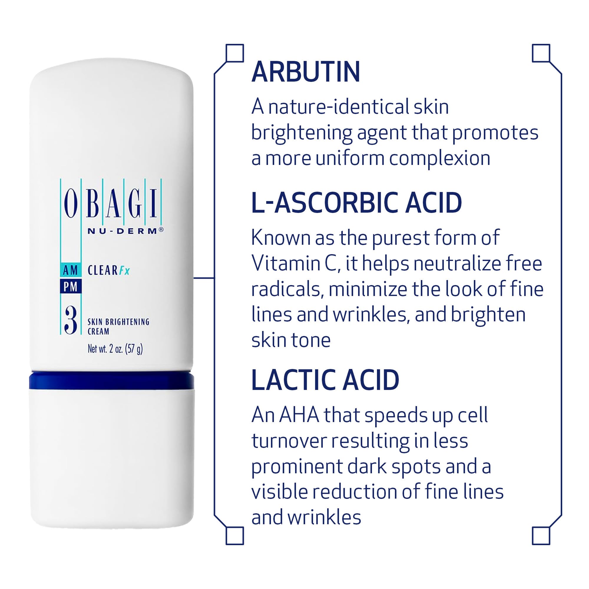 Obagi Medical Nu-Derm Clear Fx vitamin C close-up shows antioxidant support.