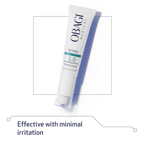 Obagi Medical Retinol 1.0 Cream packaging on vanity with skincare steps.