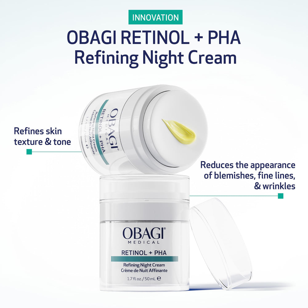 Close-up of Obagi Medical Retinol + PHA night cream jar for overnight renewal.