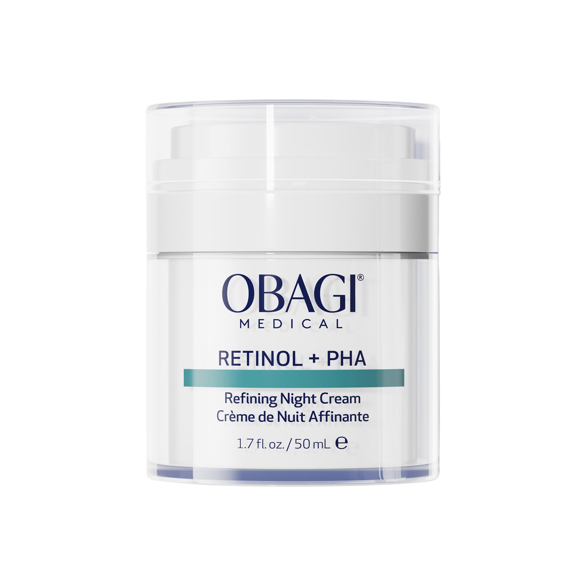 Obagi Medical Retinol + PHA night cream packaging on vanity for nightly routine.