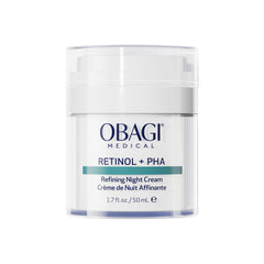 Obagi Medical Retinol + PHA night cream packaging on vanity for nightly routine.