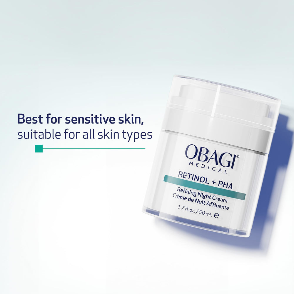 Creamy Obagi Retinol + PHA night cream ready to absorb overnight.