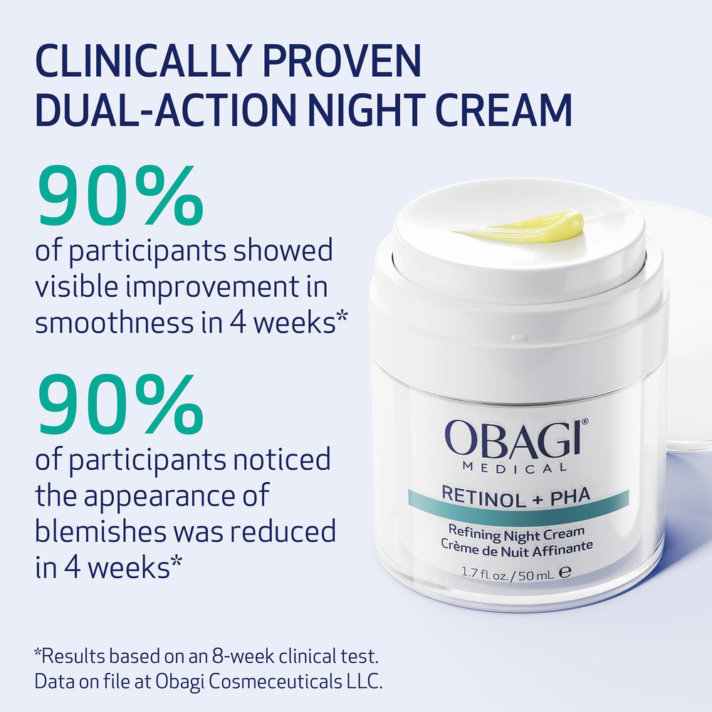 Creamy texture swirl of Obagi Retinol + PHA night cream ready for overnight use.