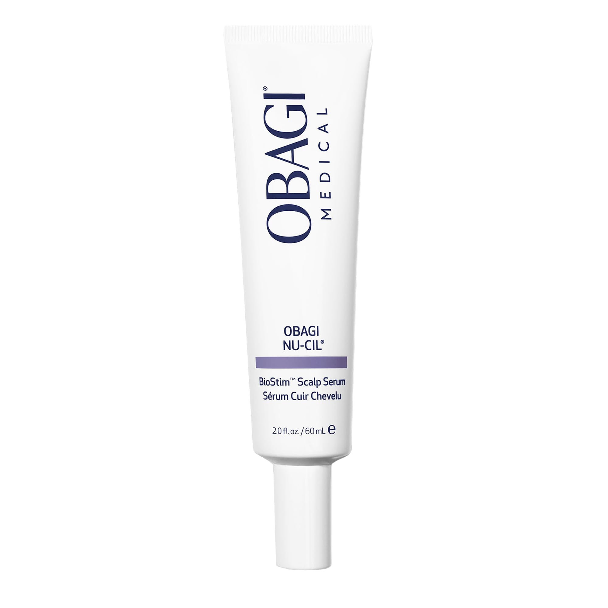 Obagi Nu-Cil BioStim serum bottle shows lightweight, non-greasy formula for daily scalp care.