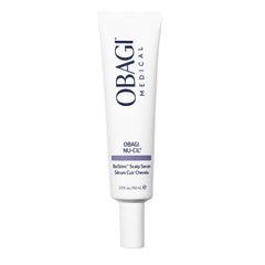 Obagi Nu-Cil BioStim serum bottle shows lightweight, non-greasy formula for daily scalp care.