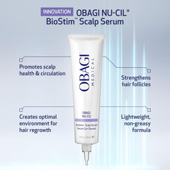 Obagi Nu-Cil BioStim serum dropper enables precise application to support scalp health.
