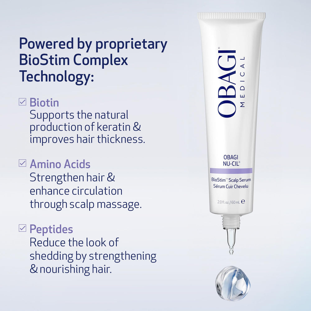 Obagi Nu-Cil BioStim serum ingredients panel highlights nourishing Biotin and amino acids.