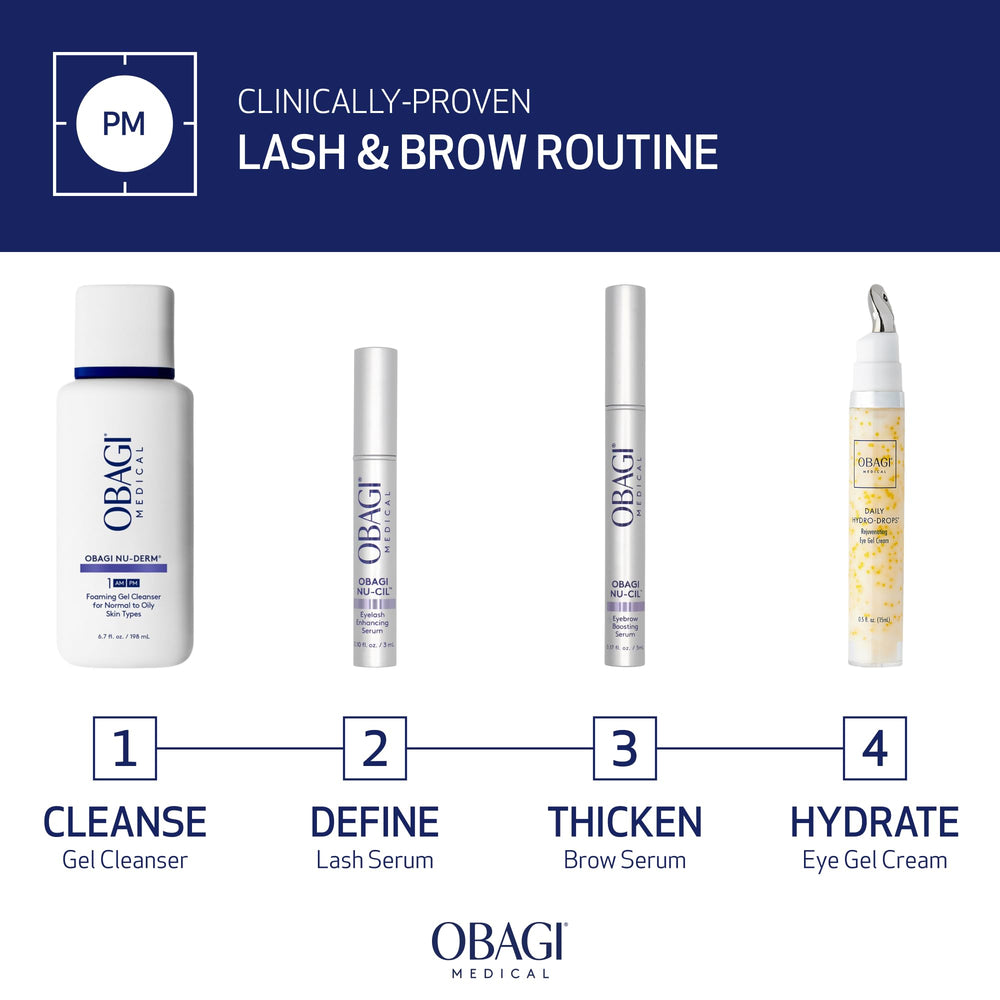 Obagi Nu-Cil eyebrow serum label highlights trusted ingredient blend for brow health