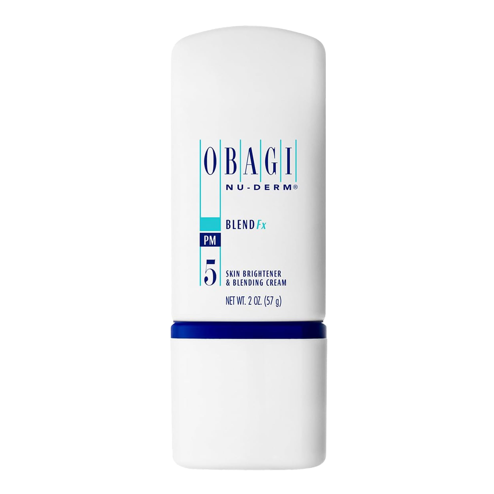 Obagi Nu-Derm Blend Fx bottle close-up showing brightening night cream benefits.