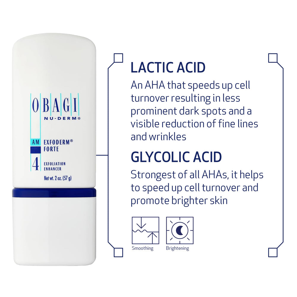 Obagi Nu-Derm Exfoderm Forte label closeup highlights glycolic and lactic acids