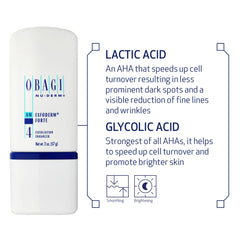 Obagi Nu-Derm Exfoderm Forte label closeup highlights glycolic and lactic acids