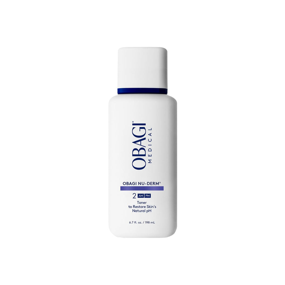 Obagi Nu-Derm Face Toner bottle showing alcohol-free formula for balanced skin pH.
