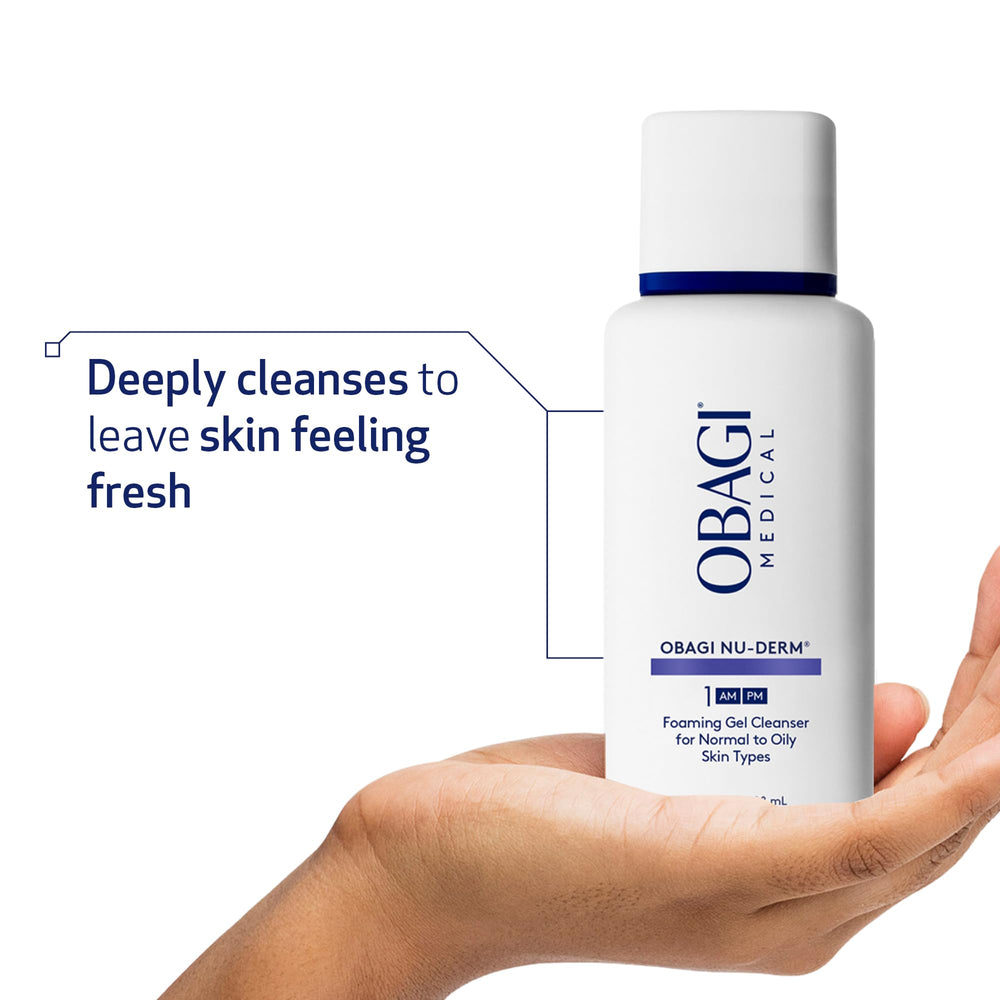 Obagi Nu-Derm Foaming Gel applied to skin for a refreshing cleanse.